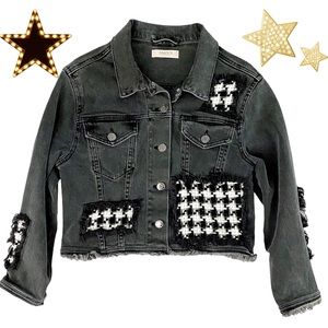 Amour Love frayed patchwork denim statement jacket, charcoal gray